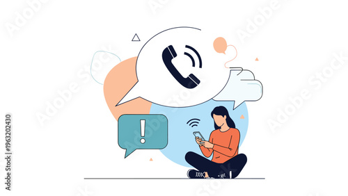 Woman sitting and using a smartphone with large speech bubbles indicating incoming call and urgent notification alerts.