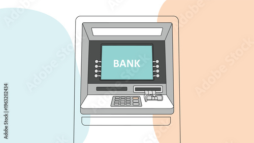 Front view of automated teller machine with bank logo on digital screen showing card slot and keypad for financial transactions.