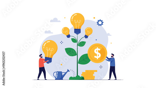 Business team growing creative ideas into financial profit by watering lightbulb tree with golden dollar coins and stack of money.