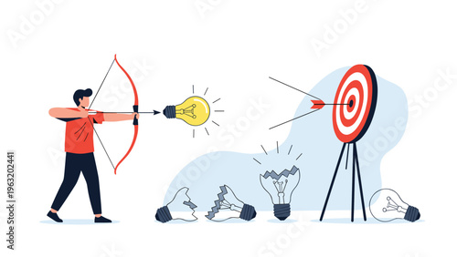 Determined businessman aiming arrow through glowing lightbulb at target center representing strategy for successful creative innovation.