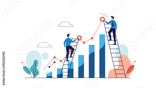 Business professionals climbing ladders to reach and adjust peak points on rising growth bar graph showing company success.