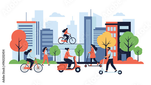 Diverse group of people commuting through urban city landscape using eco-friendly transportation like bicycles and electric scooters.
