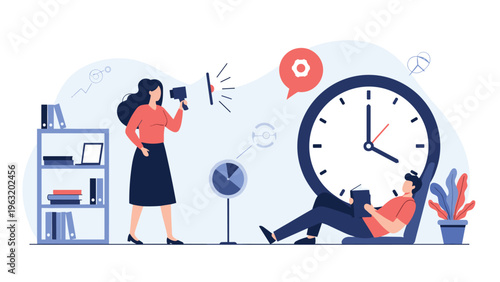 Manager shouting into megaphone at lazy employee reading book by giant clock representing poor time management and office stress.