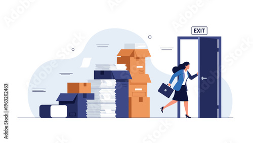Stressed businesswoman carrying briefcase running towards exit door to escape overwhelming pile of work documents and boxes.