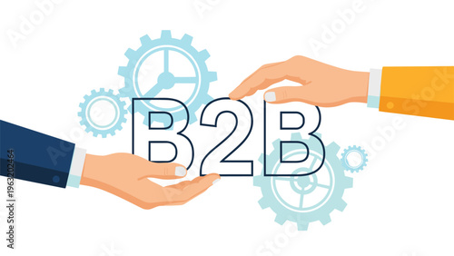Business to business concept showing two professional hands connecting over B2B letters with cogwheel background for partnership.