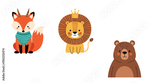 Cute set of woodland and wild animal characters featuring a red fox with scarf, a lion with crown, and a friendly brown bear.