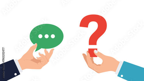 Interaction between two hands holding speech bubble and question mark symbolizing communication and inquiry in customer support.