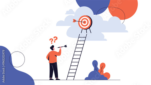 Confused businessman with question marks looking up at unreachable target in clouds requiring long ladder for career success.