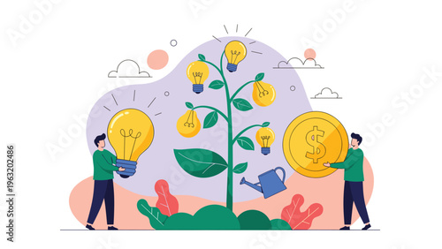 Collaborative team growing innovation tree with lightbulb fruits and gathering large golden dollar coins for business profit.