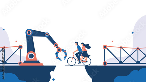 Advanced robotic arm assisting a couple on a bicycle to cross a gap by placing a metal bridge section for safe travel passage.