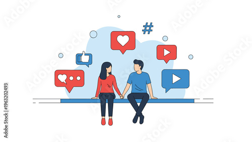 Young couple sitting on digital progress bar surrounded by social media engagement icons like hearts, likes, and play symbols.