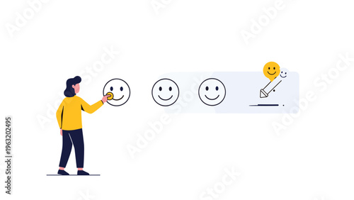 Customer providing positive feedback by placing gold coin on smiley face rating scale for excellent service satisfaction level.
