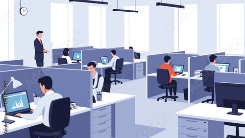 Busy modern office interior with employees working at computers in open plan cubicles under managerial supervision and support.
