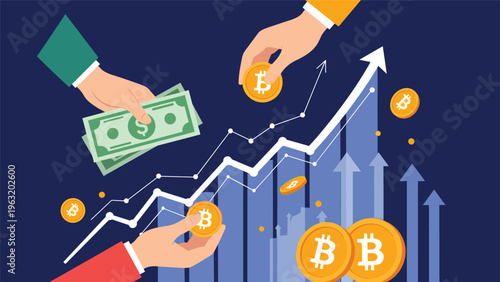 Multiple hands trading physical dollar banknotes for digital bitcoin coins against a backdrop of rising financial bar charts and growth arrows.