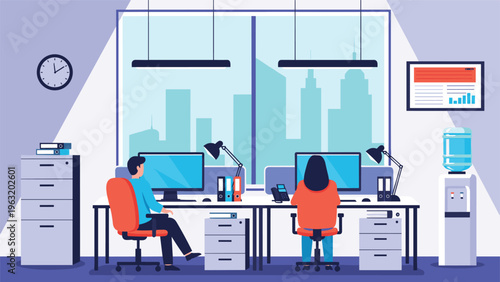 Modern open plan office space with professional employees working at computer desks near a large window with city view and water cooler.