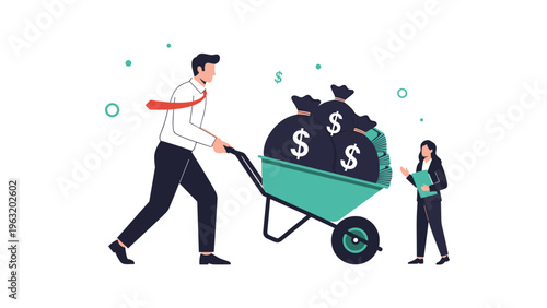 Happy businessman pushing a green wheelbarrow overflowing with bags of money and cash representing massive profit and financial success.