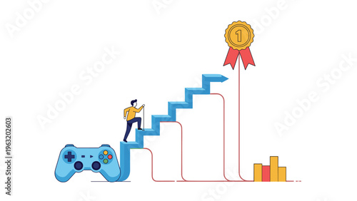 Gamer character climbing up blue arrow stairs from a video game controller toward a first place gold medal to represent digital achievement.