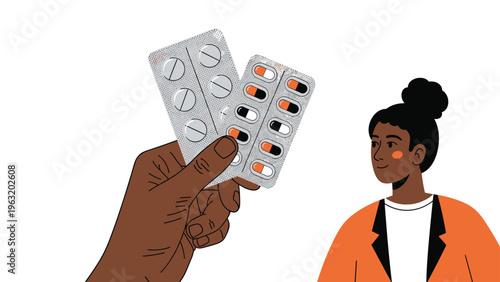 Doctor or pharmacist hand holding packs of medicine capsules and pills for a patient to ensure proper healthcare and medication treatment.