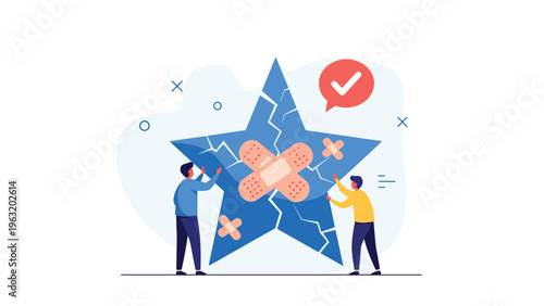 Supportive team members working together to fix a broken blue star with bandages to represent project recovery and quality assurance success.