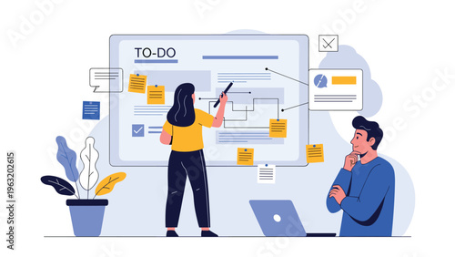 Focused team members organizing tasks and planning projects on a large to-do board in a professional office setting to improve productivity.