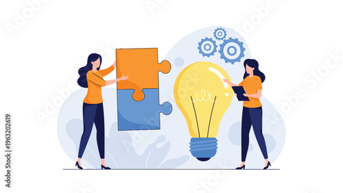 Two professional women working together to assemble puzzle pieces near a light bulb symbolizing creative problem solving and team innovation.