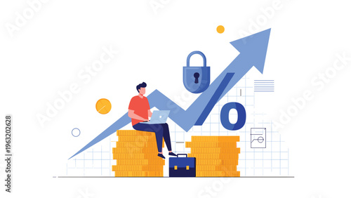Successful investor sitting on piles of gold coins with a laptop near a rising growth arrow and security lock symbolizing protected wealth.