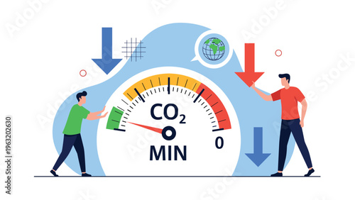 Environmental activists working together to lower carbon dioxide levels on a meter to reach minimum emissions for global climate protection.