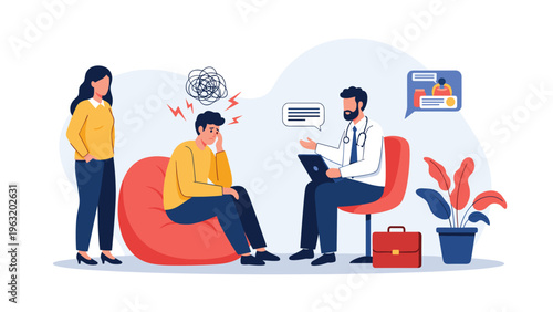 Stressed man consulting with a professional doctor about mental health and anxiety issues in a comfortable medical clinic office setting.