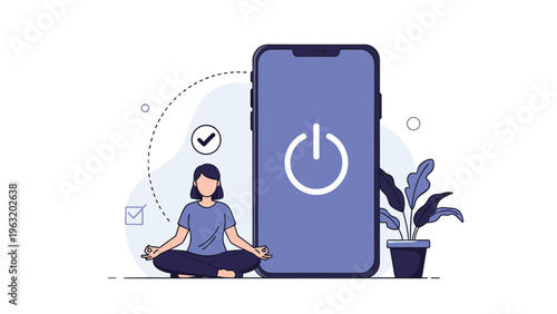 Peaceful woman practicing yoga meditation next to a large smartphone with a power off button to represent digital detox and mental wellness.