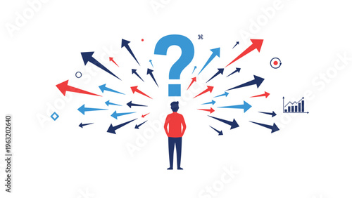 Confused professional facing a difficult career decision while surrounded by many pointing arrows and a large blue question mark symbol.