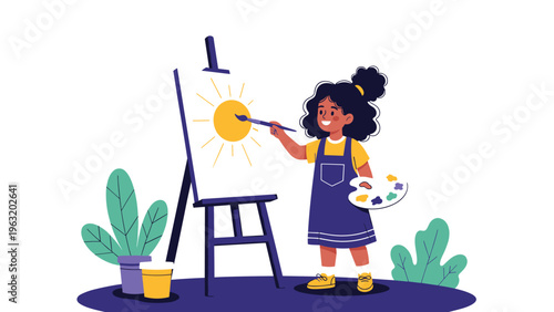 Creative young girl happily painting a bright yellow sun on a canvas easel to develop her artistic talents and imagination in a home studio.