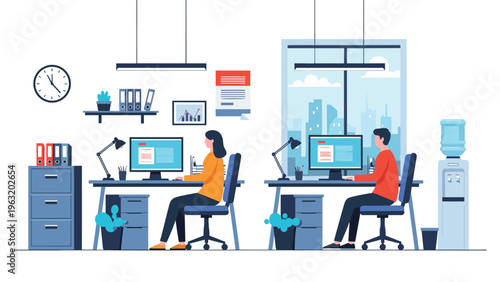 Two professional colleagues working focused at their computer desks in a bright modern office with urban views and shared workspace amenities.