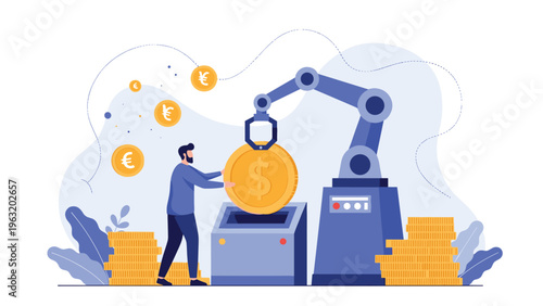 Human worker and robot arm collaborating to process large gold dollar coins in an automated financial facility for efficient modern banking.