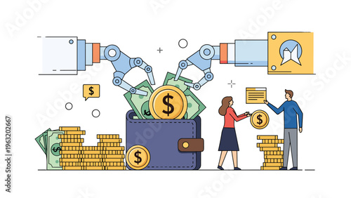 Robotic arms putting cash and coins into a large wallet while business professionals manage and exchange finances.