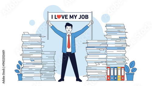 Happy office worker holding an I Love My Job sign while standing between massive piles of paperwork and document files.