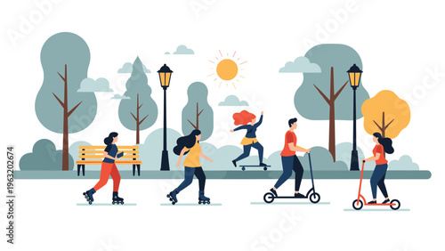 Active group of people enjoying outdoor activities like rollerblading and riding scooters in a scenic city park during a sunny summer day.
