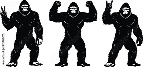 Gorilla silhouette vector set featuring strong ape poses with peace sign and rock on hand gestures for flavector mascot designs.