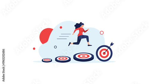 Determined woman jumping over a series of red and white targets to achieve a final goal with an arrow in the bullseye.