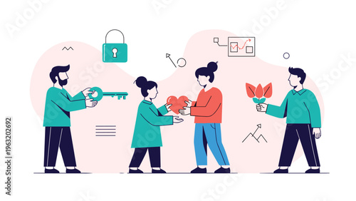Diverse group of people exchanging symbols of love, trust, and care like a heart, a key, and a bouquet of flowers.
