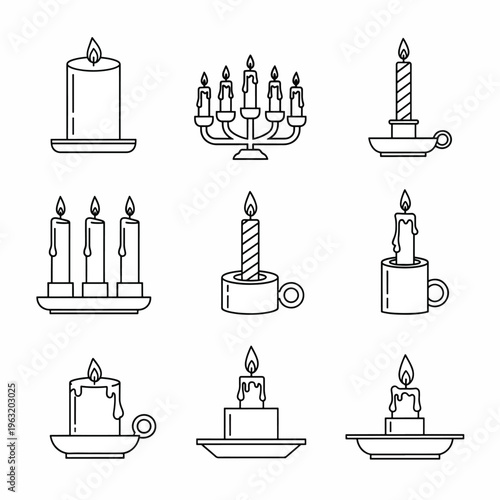 Black and white line art illustrations of various candle holders and single candles on plates or in cups