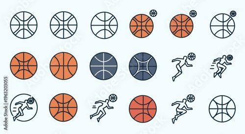 Basketball icons and player silhouettes.