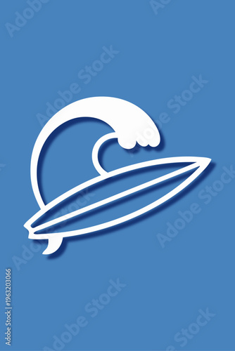 Vacaciones en la playa. Logo club de surf. Dibujo con líneas de una tabla de surf con olas de mar, proyectando sombra, en fondo azul 