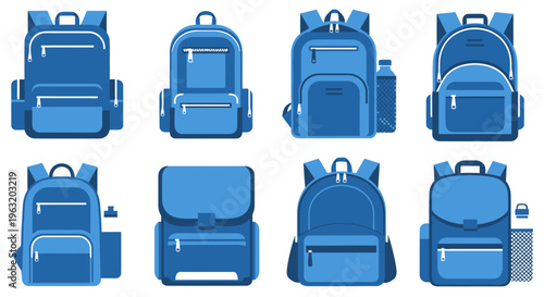 Blue Backpacks in Various Positions.