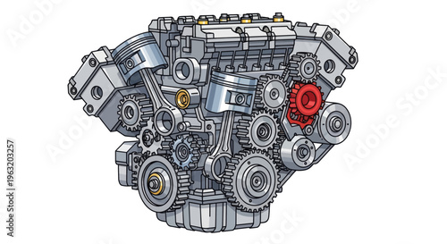 Detailed drawing of car engine.