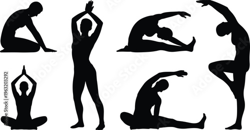 Black silhouettes of women practicing yoga and stretching exercises in various poses for health, wellness, fitness, and zen meditation concepts.