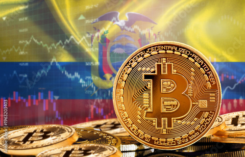 Investors in cryptocurrency and Blockchain Technology in Ecuador, Concept. Bitcoin with Ecuadorian flag in the background