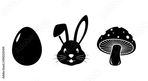 Black silhouettes of an egg, a rabbit head, and a mushroom on a white background.