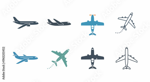 Airplane icons in various colors and line styles on white background