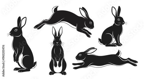 Collection of black rabbit silhouettes in various dynamic poses.
