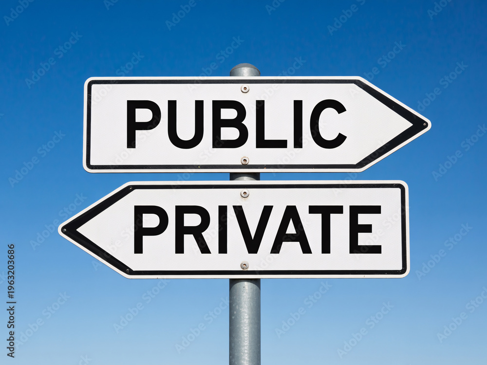 Fototapeta premium A signpost with public and private signs pointing in opposite directions against a clear blue sky